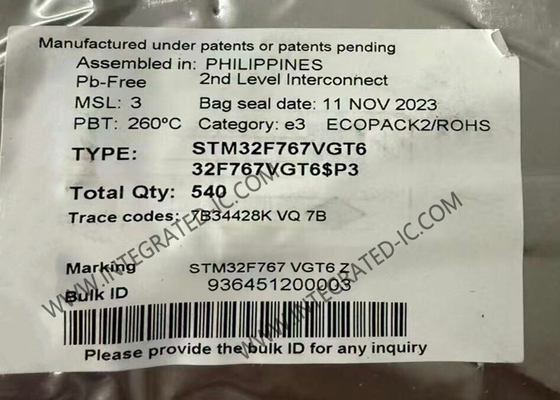 Mikrodenetleyici MCU STM32F767VGT6 32 bitlik Tek çekirdekli 216MHz 1MB Mikrodenetleyici IC